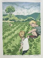 Matt Brown Woodblock Print Picking Strawberries